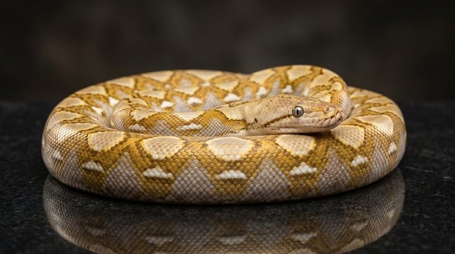 Reticulated python on a dark floor