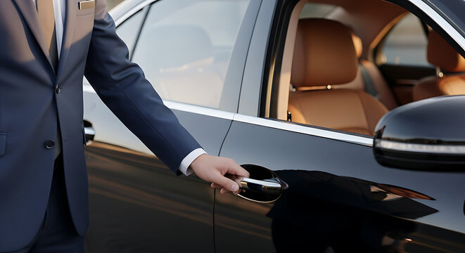 Professional chauffeur opening luxury car door for VIP passenger, exclusive service