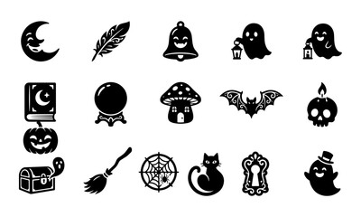 Fototapeta premium Halloween spooky magic and mystical icons set, black vector silhouettes with ghosts, crystal ball, and spell book