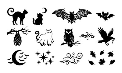 Obraz premium Halloween spooky animals and night symbols collection, black vector silhouettes with cats, bats, owls, and autumn leaves