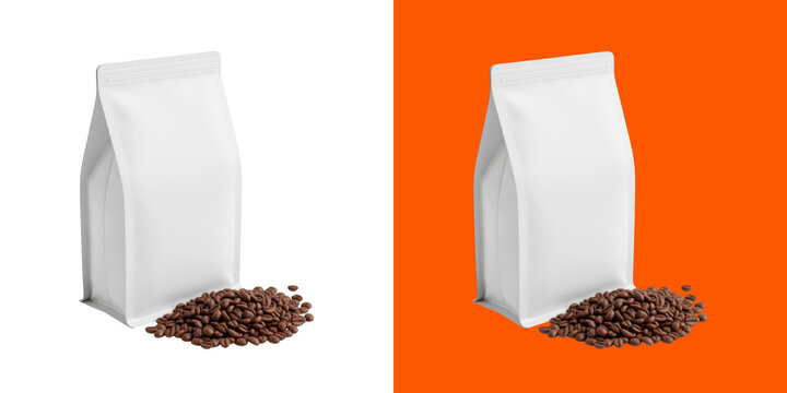 Blank white coffee bag mockup with roasted brown coffee beans pouch template png