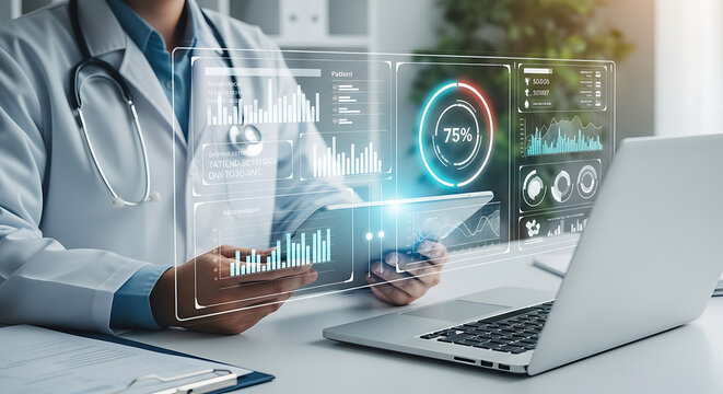 Doctor analyzing patient data on futuristic holographic interface with charts and graphs
