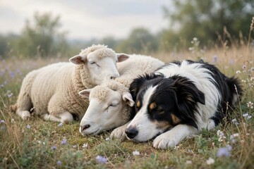 Fototapeta premium Fluffy Sheep Flock Resting in a Green Meadow