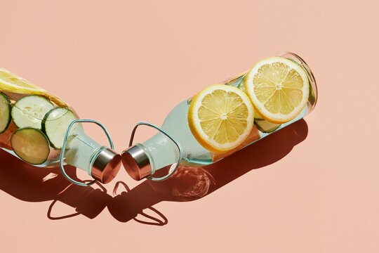 Two glass bottles of infused water with lemon and cucumber, featuring chilled condensation and hard shadows on a peach background for healthy living brands