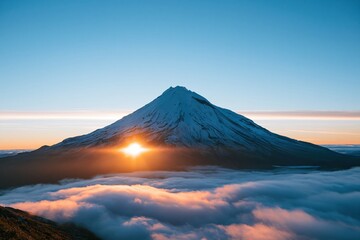Fototapeta premium Volcanic cone with a snowy peak rising above a dense cloud layer, featuring a glowing sun and soft blue sky for travel and tourism marketing