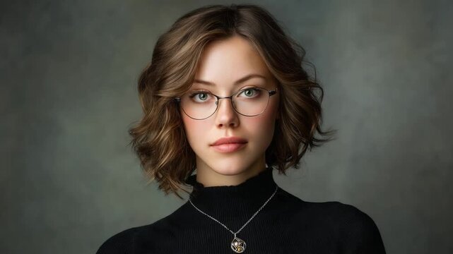 Portrait of a Young Woman with Glasses: A young woman with short, wavy brown hair and light-colored eyes, wearing glasses and a black turtleneck with a pendant necklace, gazes intently at the viewer.