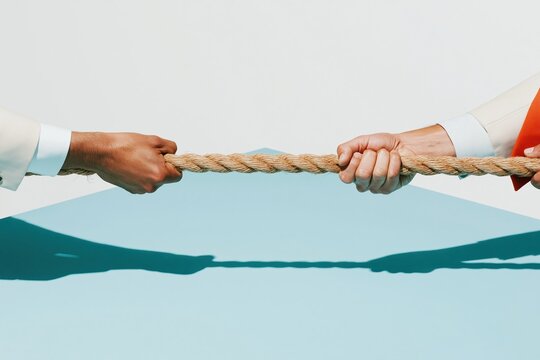 Thick twisted rope pulled taut between two pairs of hands on a polished blue table, showing strain and tension for corporate rivalry and negotiation, with copy space