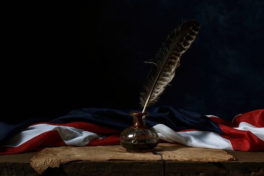 Feather quill in a glass inkwell on aged parchment with a folded national flag, featuring fibrous textures and a scholarly mood for historical and civic communication