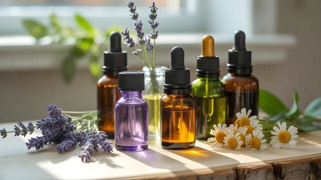 Botellas de aceites esenciales y extractos naturales con flores de lavanda y manzanilla sobre madera