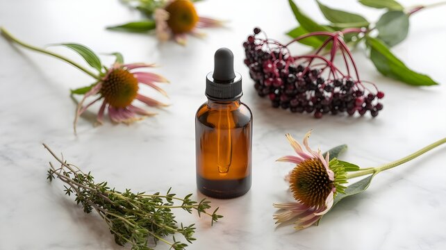 Botella cuentagotas de vidrio &aacute;mbar con extracto de hierbas medicinales, equin&aacute;cea y sa&uacute;co sobre fondo claro