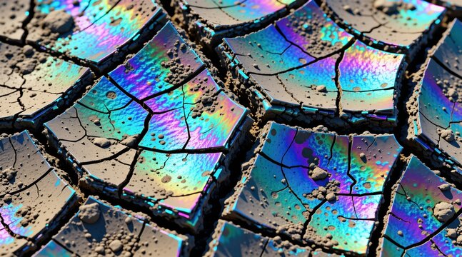 Macro shot of cracked dry earth surface with oil spill effect. Colorful iridescent oil film coats broken soil chunks. Drought land shows geometric desert patterns with rainbow liquid slick on ground.