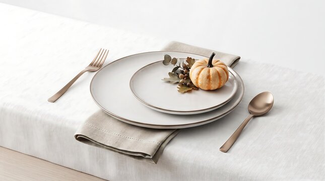Autumn table setting with pumpkin and gold utensils on white tablecloth