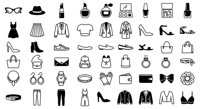 Collection of Fashion Icons Representing Apparel Accessories Footwear Cosmetics and Jewelry for Style Shopping and Personal Presentation Diverse Elements for Visual Content Creation and Online