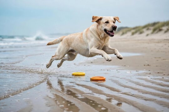 Happy Dog Running on Wet Sand at the Ocean Beach