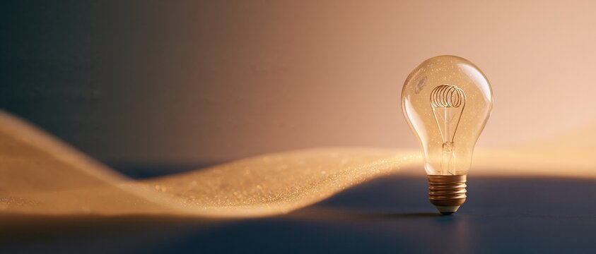 Incandescent light bulb with glowing amber particle streams flowing toward the filament, featuring a warm bronze mood and copy space for innovation campaigns