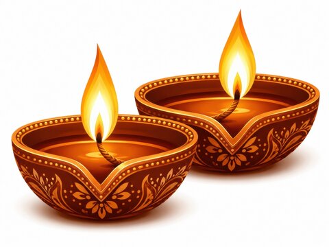 Two traditional clay diya oil lamps burning for diwali celebration