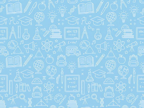 Seamless blue education and science doodle pattern background
