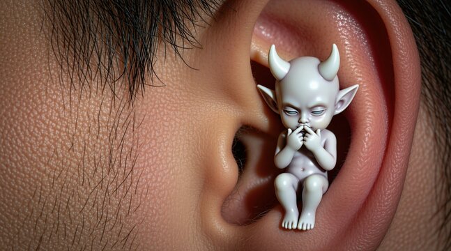 Small white devil figurine sits inside human ear close up. Tiny imp whispers secrets, temptations, bad advice into hearing canal. Concept for inner voice influence and moral struggle.