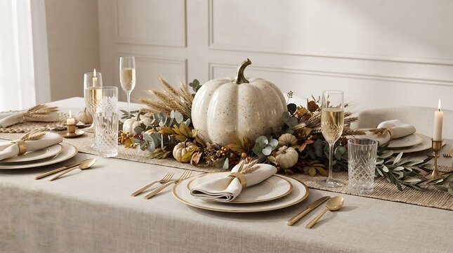 Elegant fall table setting with pumpkin centerpiece and gold accents for Thanksgiving dinner