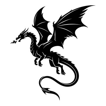 Black silhouette of a dragon breathing fire on white background