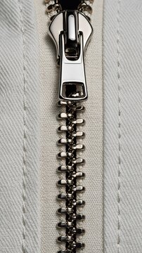 Close up detail of shiny silver metal zipper slider and teeth on off white woven fabric showing clothing hardware and manufacturing detail