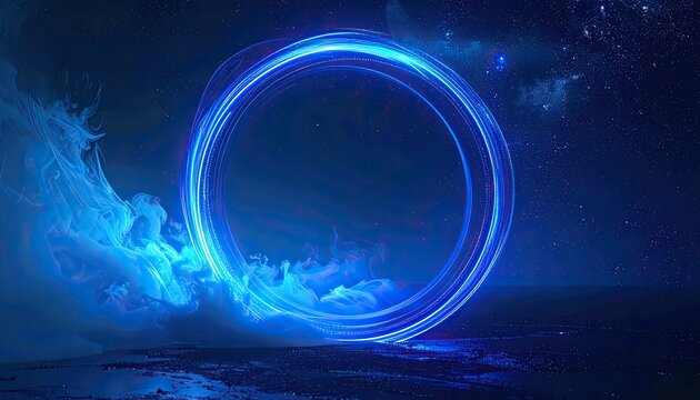 A luminous blue ring hovers above a dark, water-like surface under a star-filled night sky.