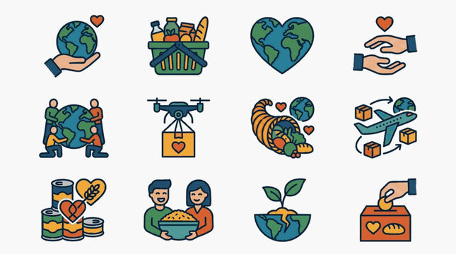 Vector icon set for world hunger relief, featuring global food security symbols, charity donation boxes, humanitarian aid logistics, sustainable farming, and community food support.