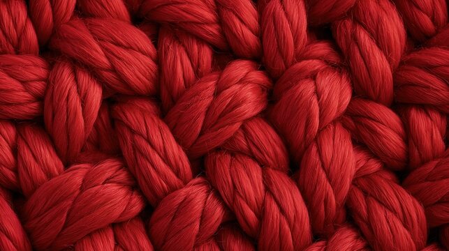 Full frame view of interwoven thick braided chunky bright red merino wool yarn showing soft warm fiber texture for knitting and textile background