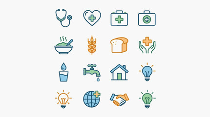 Fototapeta premium Set of sixteen humanitarian and healthcare icons featuring a stethoscope, first aid kit, wheat, bread, water tap, house, lightbulb, and globe in textured hand-drawn sketchy style.