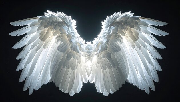 Luminous white angel wings spread against a dark background.