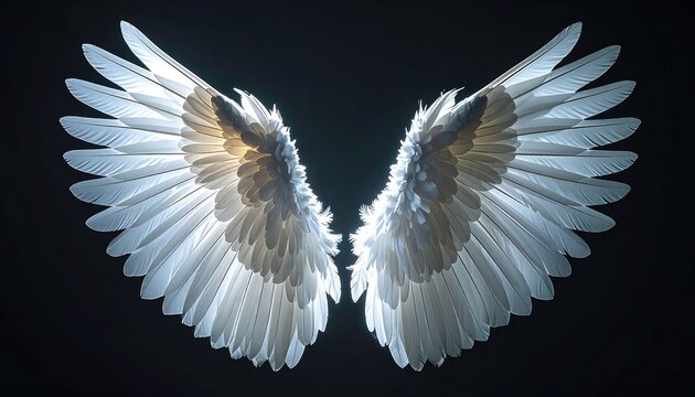 Detailed close-up of a pair of glowing white angel wings against a black background.