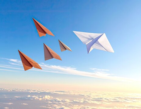 Paper airplanes soar through a clear blue sky above a sea of clouds.