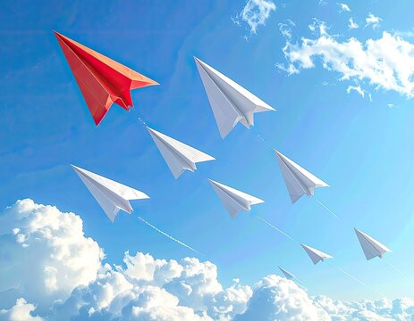 A single red paper airplane leads a fleet of white paper airplanes through a blue sky with clouds.