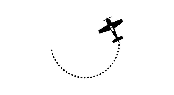 A silhouette of a propeller airplane performing a turn with a dotted line tracing its flight path against a bright expanse suggesting aerial maneuverability and aviation exploration with a