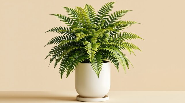 Lush green fern plant thrives in a clean white pot against a neutral backdrop.