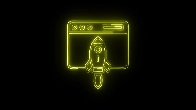 Browser Rocket Launch Icon Animation with Glowing Lines on Black Background