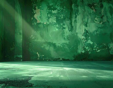 An empty room with cracked green walls and floor.