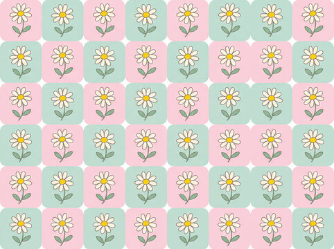 Cute Retro Daisy Floral Seamless Pattern on Pastel Pink and Mint Green Tiles