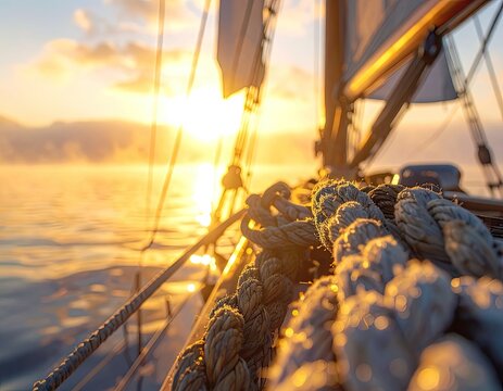 Sailing at sunrise with golden light reflecting on the water and illuminating the ropes.