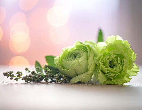 Delicate green ranunculus flowers and buds arranged on a wooden surface with a soft bokeh background.