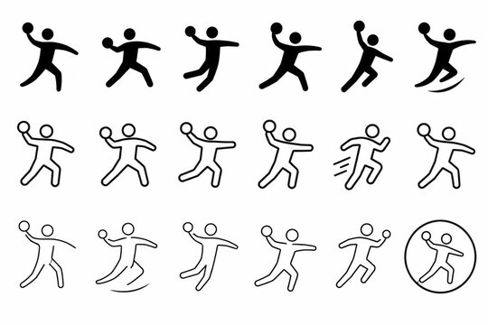 Set of black and white handball player icons in various action poses
