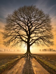 Naklejka premium Majestic large leafless oak tree with exposed roots spreading across dirt road standing in open misty field during warm golden sunrise