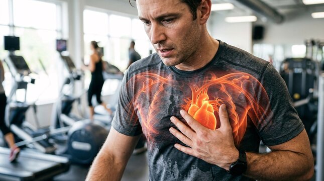 Glowing red 3D anatomical visualization showing heart organ, coronary arteries, and ribcage structure of a athletic man clutching his chest during workout.