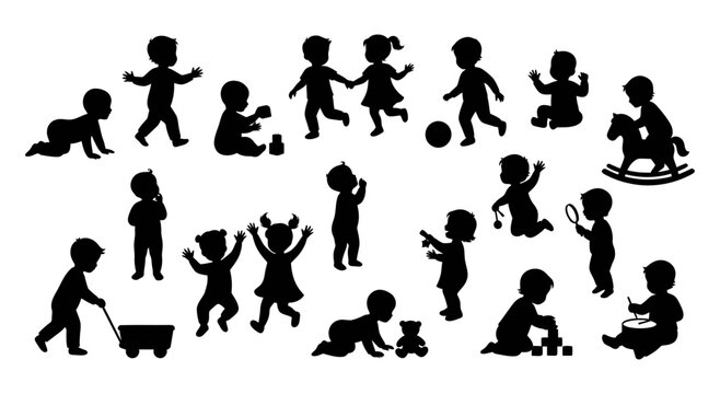 Collection of Diverse Silhouettes Depicting Young Children Engaged in Various Playful Activities Representing Childhood Development and Growth Through Active Engagement With Toys and Social