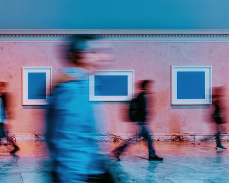 Empty picture frames on a warm stone museum wall with blurred visitors walking by, providing a clean mockup template and copy space