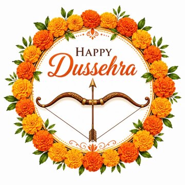 Happy dussehra greeting with bow and arrow inside marigold flower wreath