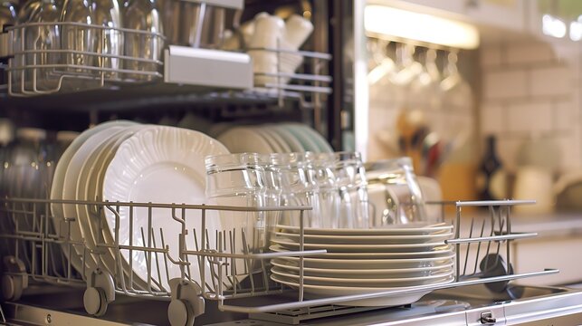 Open dishwasher with clean plates and glassware highlighting kitchen organization, household appliance efficiency, and modern cleanliness