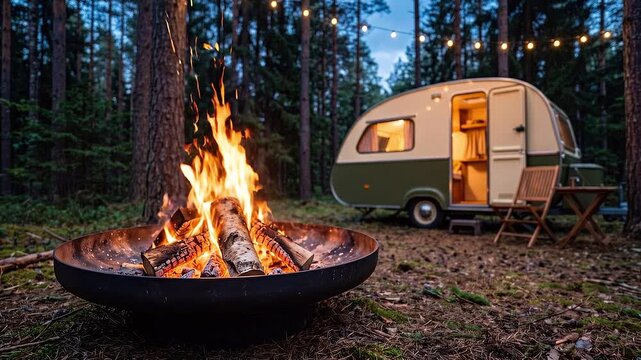 Cinematic video of a crackling campfire in a metal fire pit with sparks flying beside a retro caravan trailer with string lights in a pine forest at dusk.