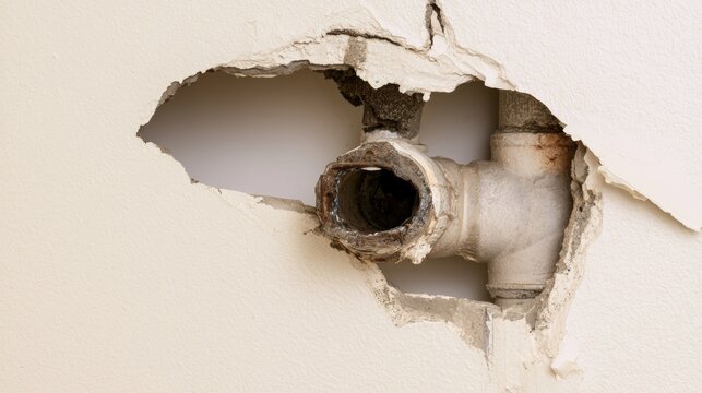 Damage to wall exposing broken pipe in home during repair work