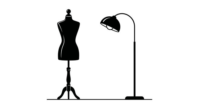 A professional dress form mannequin stands beside a sleek floor lamp illuminated by its light in a creative workspace symbolizing fashion design and crafting artistic apparel for garment